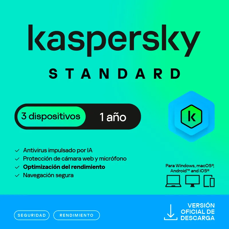 Antivirus Kaspersky Standard, para 3 PCs, Lic 1 año, Producto Virtual.